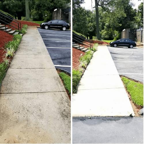 Before and after image of sidewalks that were power washed