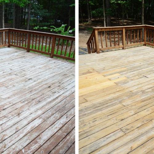 Before and after image of deck that was washed
