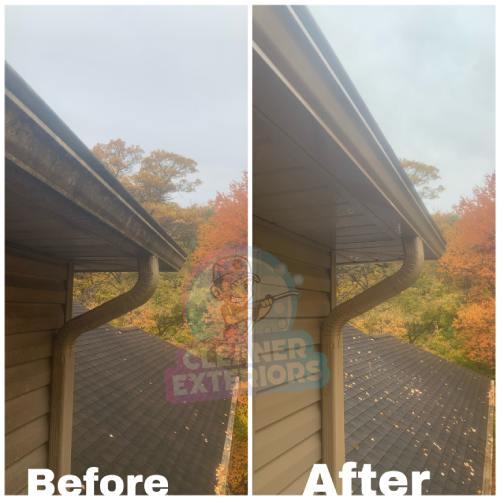 Before and after image of residential home gutters cleaned