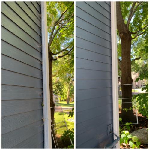 Before and after image of siding on residential home pressure washed