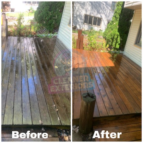 Before and after image of deck that was pressure washed
