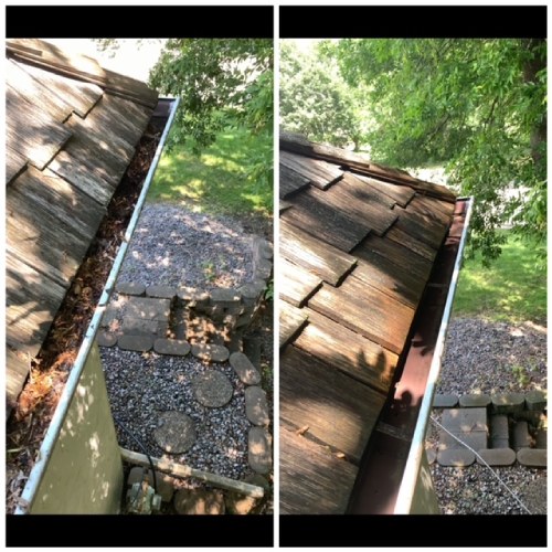 Before and after image of gutters being cleaned