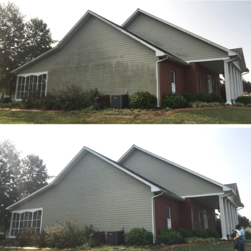 Before and after image of home that had power washing