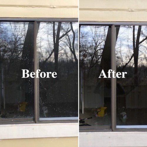 Before and after image of window being cleaned