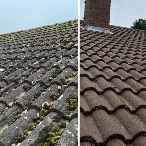 Before and after image of a roof that had pressure washing