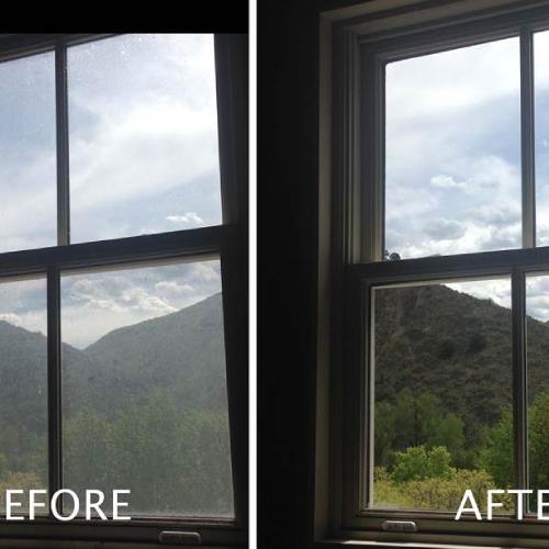 Before and after image of residential windows being cleaned with a view